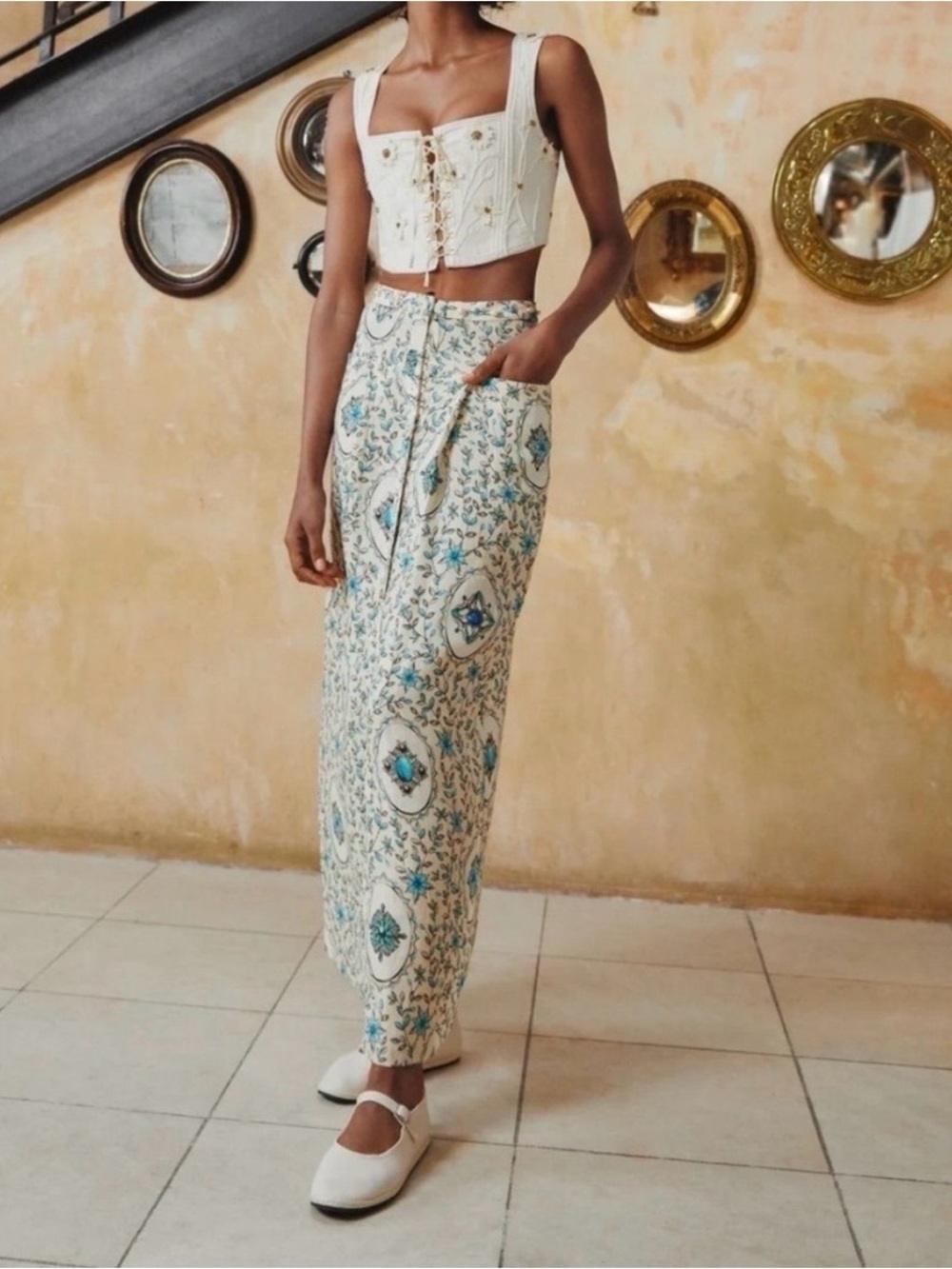 Agua by Agua Bendita Coralina Platero Embellished Printed Linen Maxi Skirt
